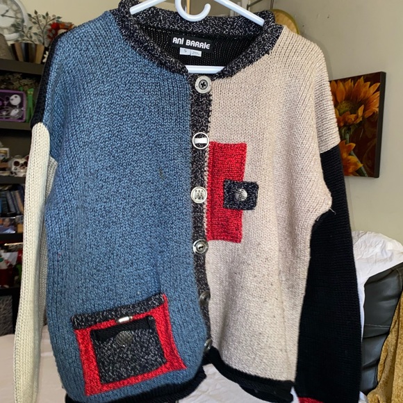VTG Ani Barrie Color Block Button Cardigan Ramie Grandma Artsy Size S - Picture 13 of 13